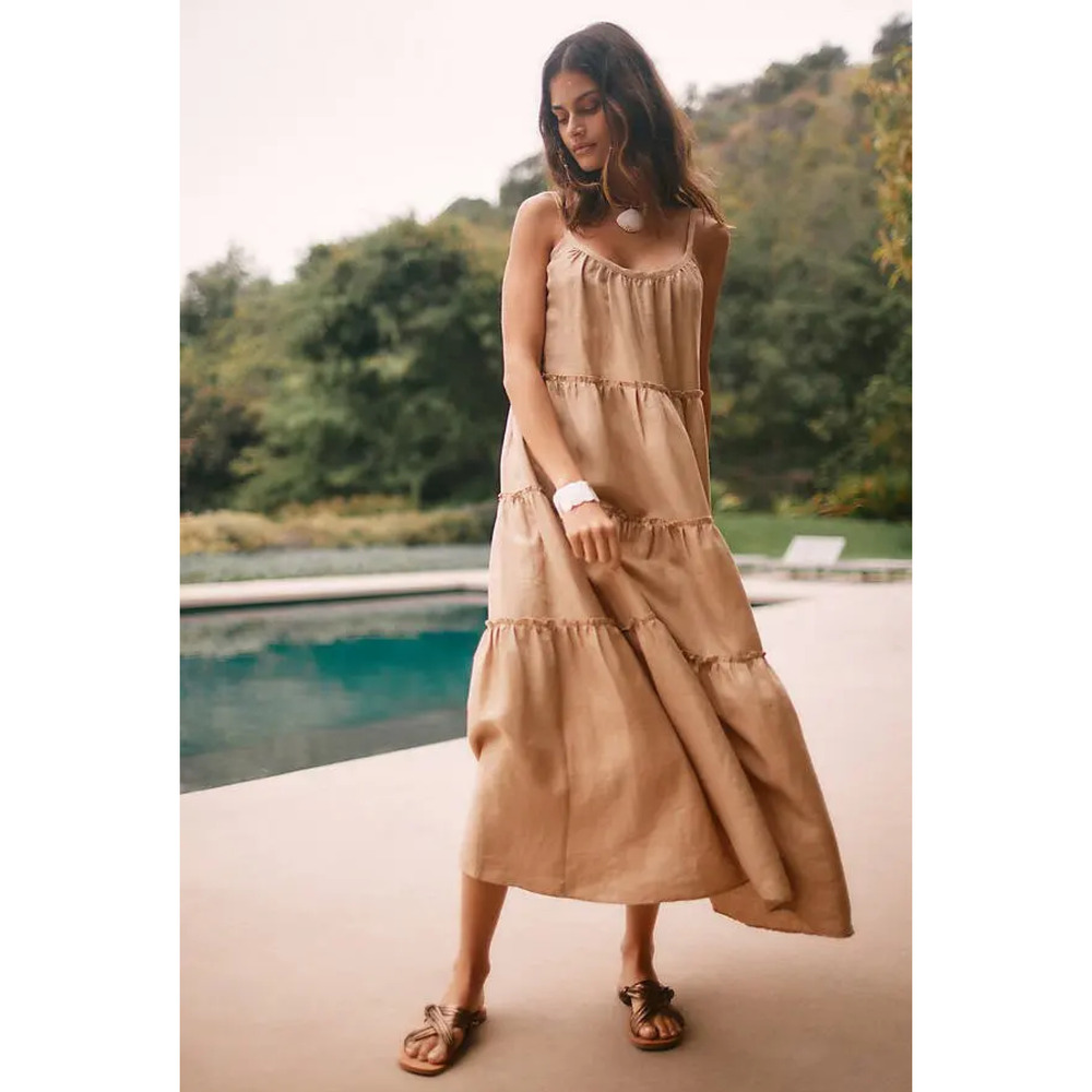 Eberjey Kesia Tiered Linen Maxi Dress | Khaki | Adjustable Straps